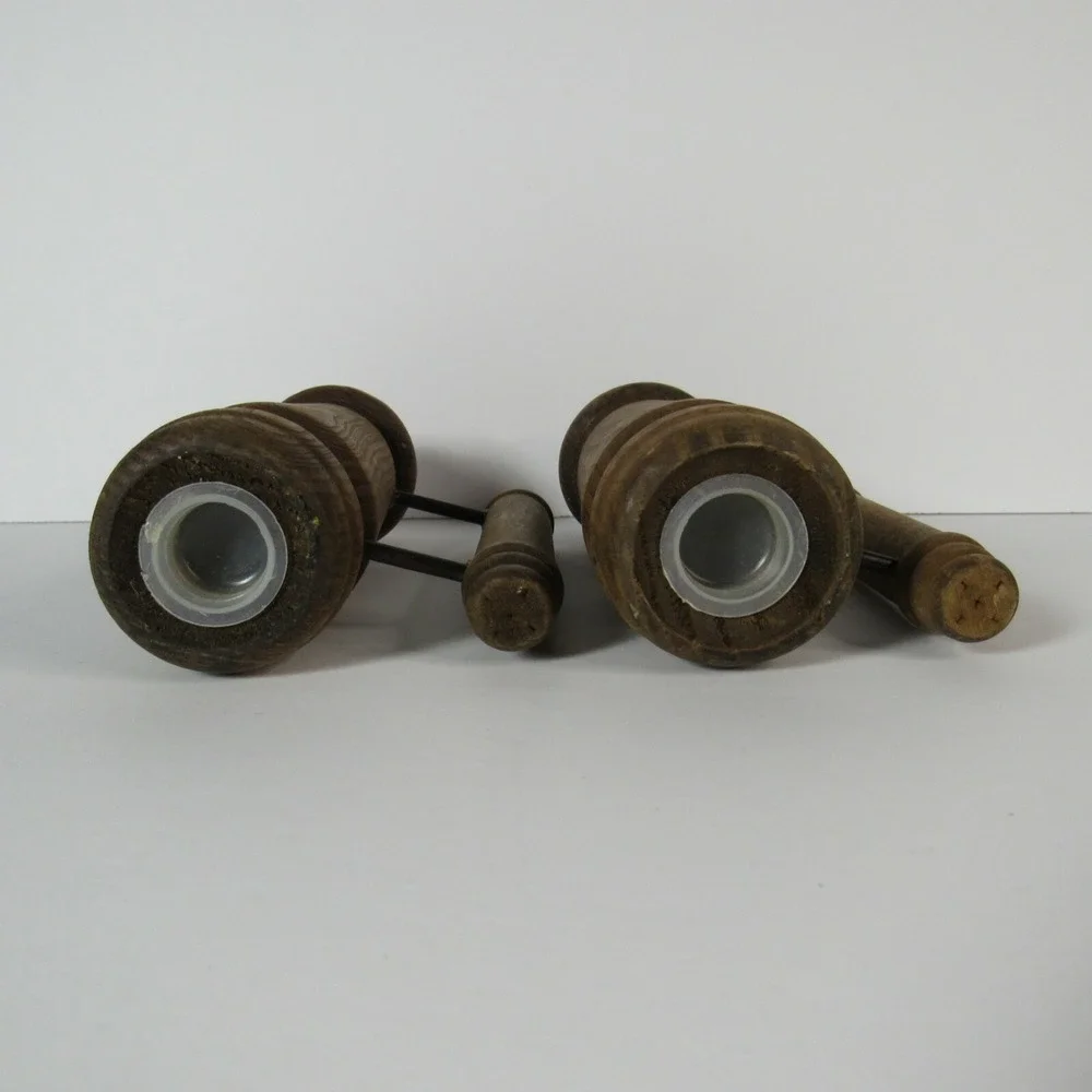 Vintage Large Wooden & Metal Salt & Pepper Shakers with handles VTG with plugs
